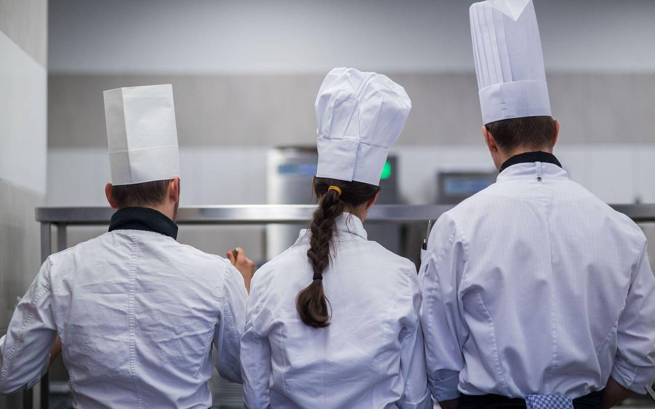 Junge Köche arbeiten an Speisen