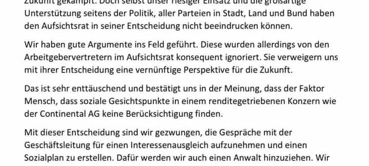 Conti-Betriebsrat "traurig und bedrückt"