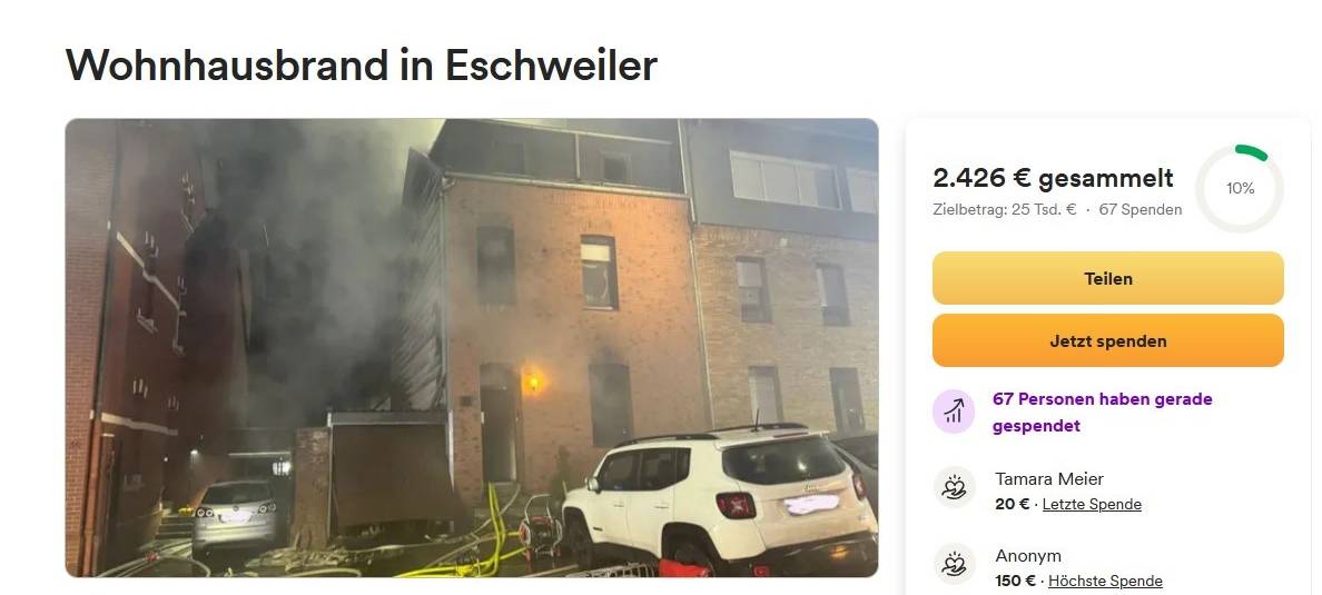 Spendenaktion: Hilfe nach Wohnhausbrand in Eschweiler