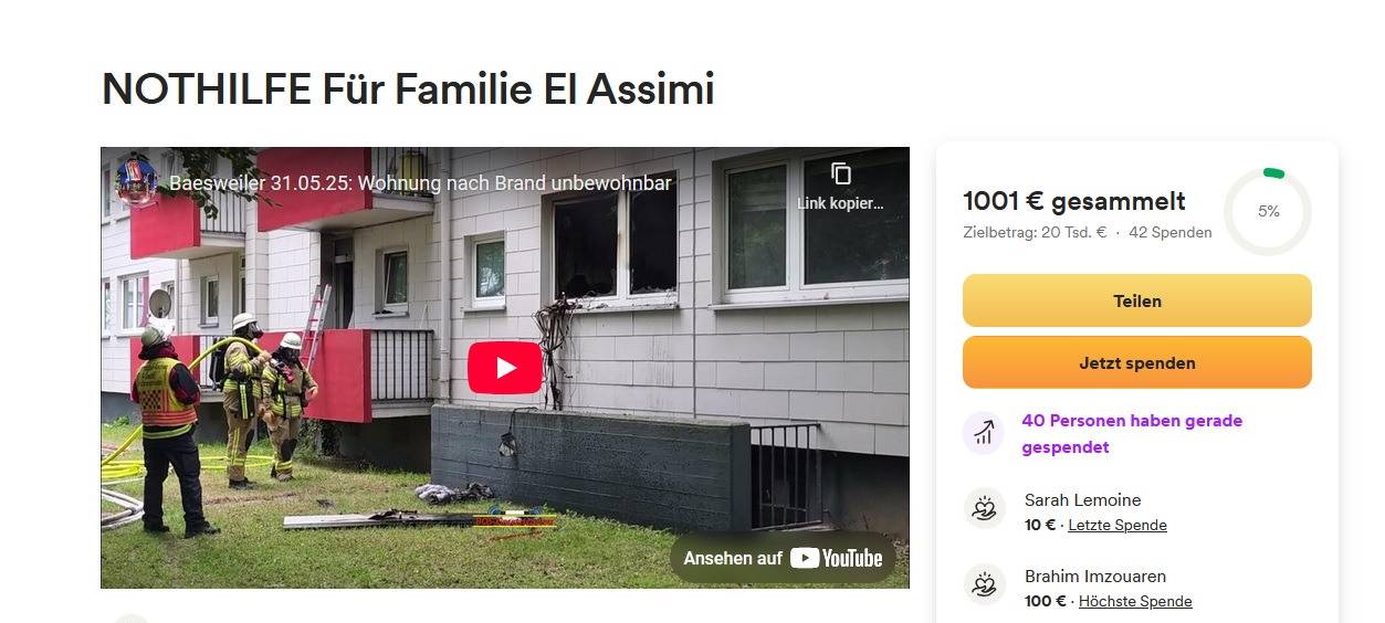 Spendenaufruf für Brandopfer aus Baesweiler