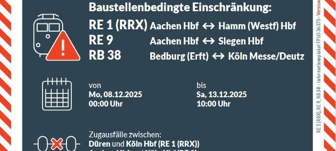 Bahn arbeitet zwischen Aachen und Köln ab 8.12.