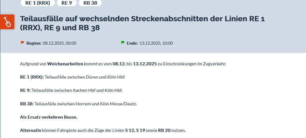 Bahn arbeitet zwischen Aachen und Köln ab 8.12.